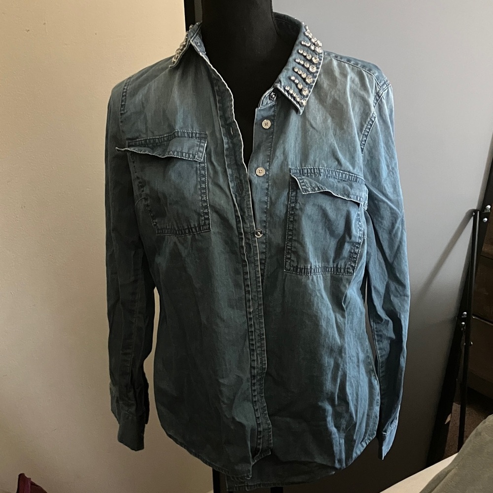 MICHAEL Michael Kors Blue Button Down Shirt with Studded Collar